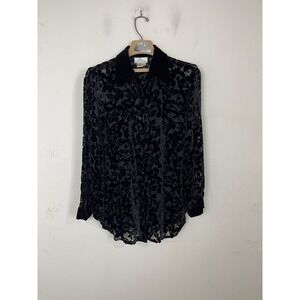 Silk Boutique Womens Shirt Small Black Velvet Burnout Floral Button Up Cocktail